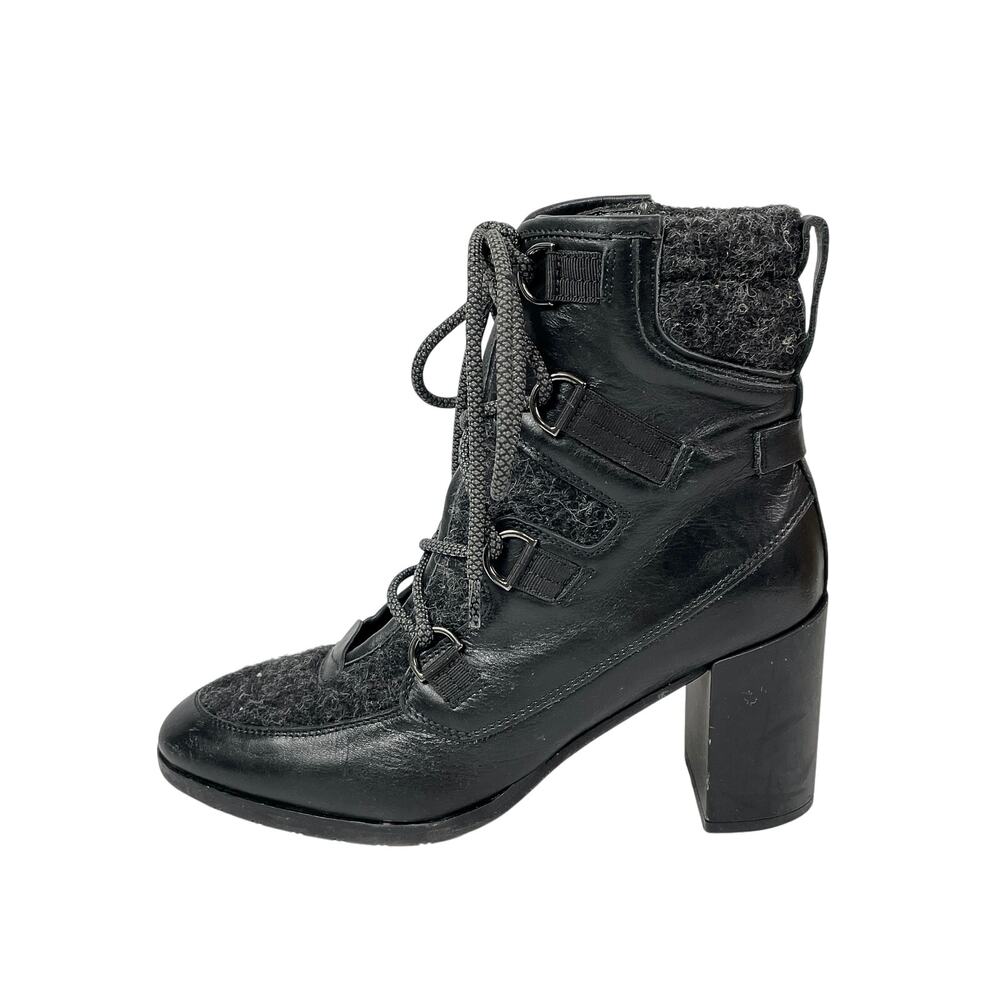 Napoleoni Black Leather Wool Lace Up Round Toe Block Heel Ankle Combat Boots 7